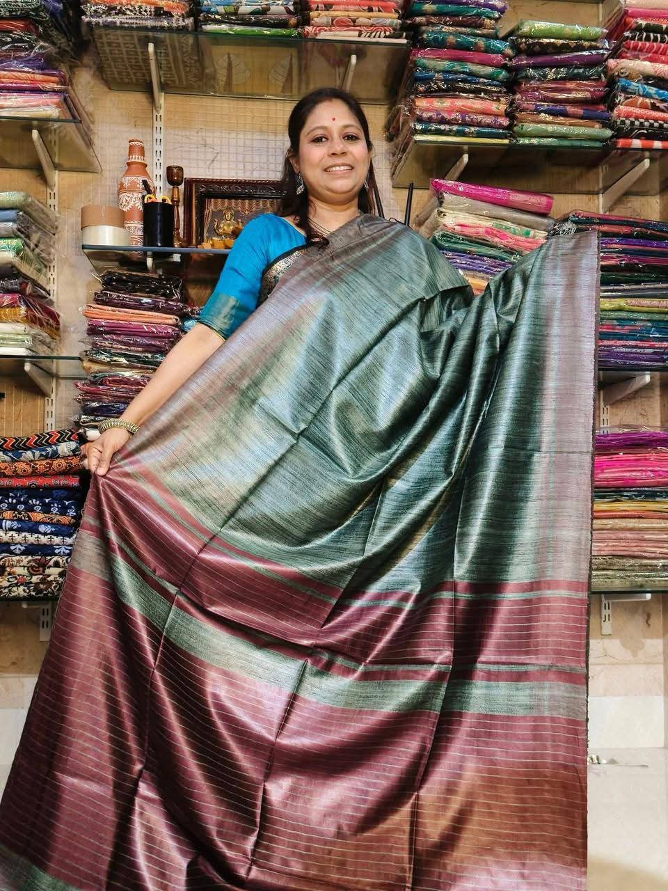 Grey Tussar by Ghicha Silk Saree – Handcrafted Luxury at Its Finest