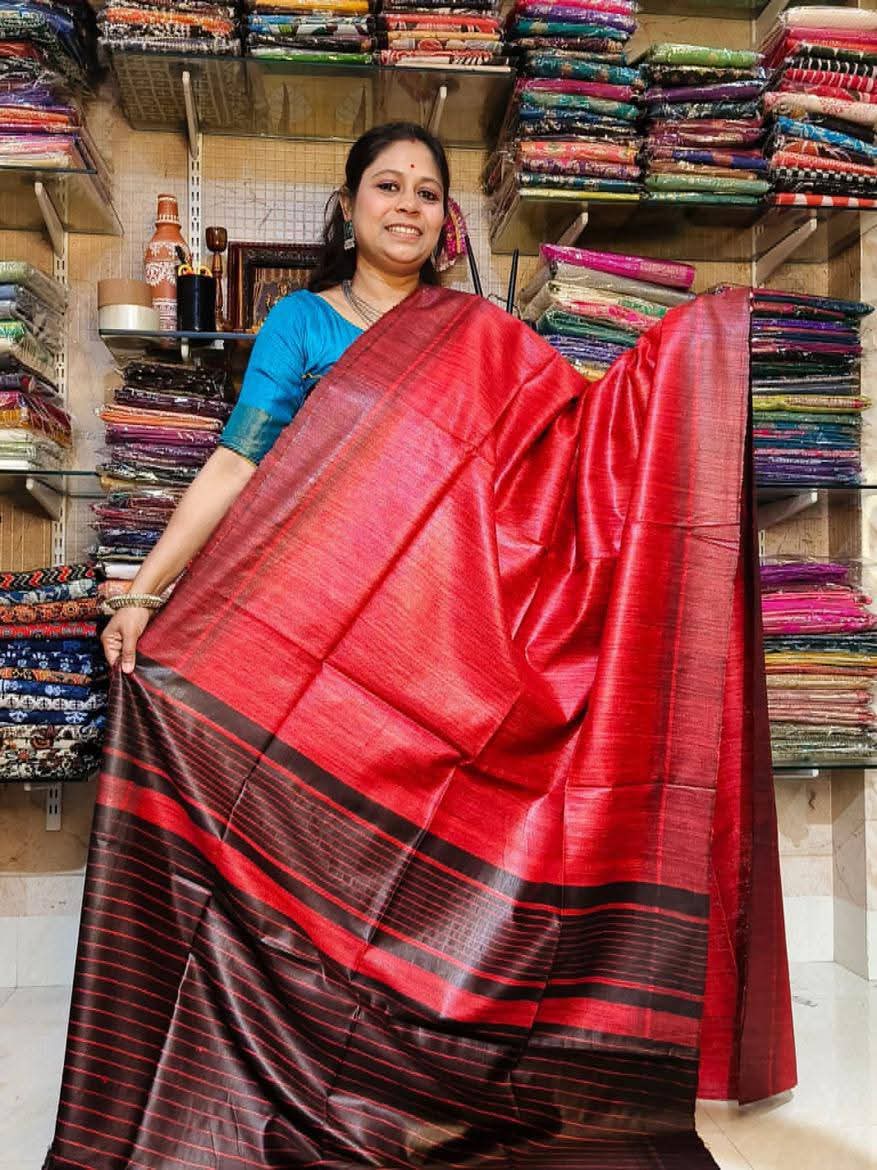 Pure Red Tussar by Ghicha Silk Saree – Handcrafted Luxury at Its Finest