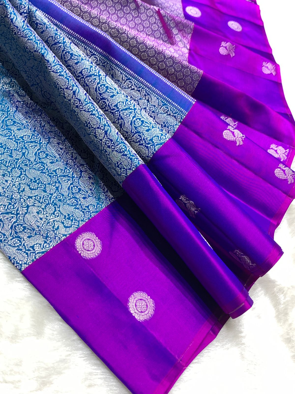 Pure Blue Kancheepuram Handwoven Silk Saree – 2G Zari | Double Warp | Silk Mark Certified