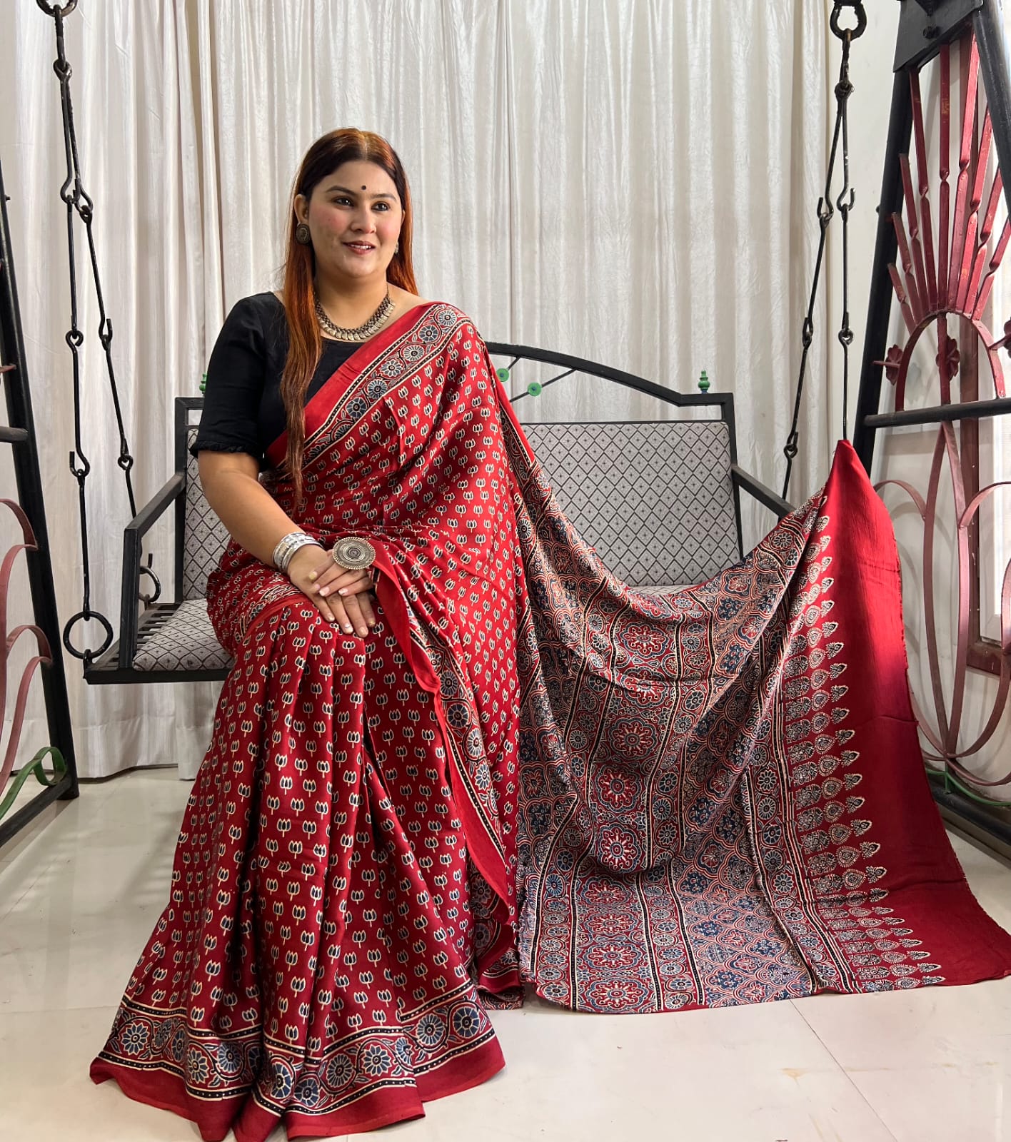 Every block print tells a story- Modal Silk Sarees with Ajrak Hand Block Prints with Natural Colours