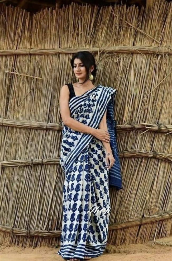 blue white saree cotton ethnic wear