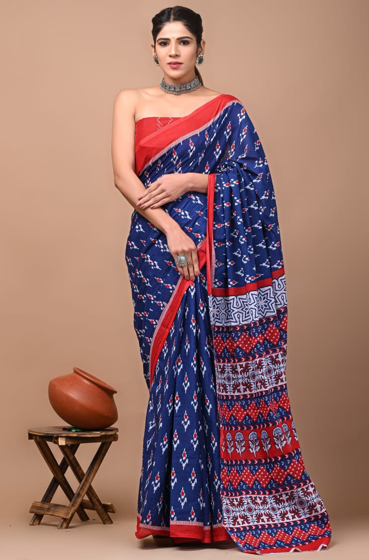 geometric blue saree cotton ethnic wear