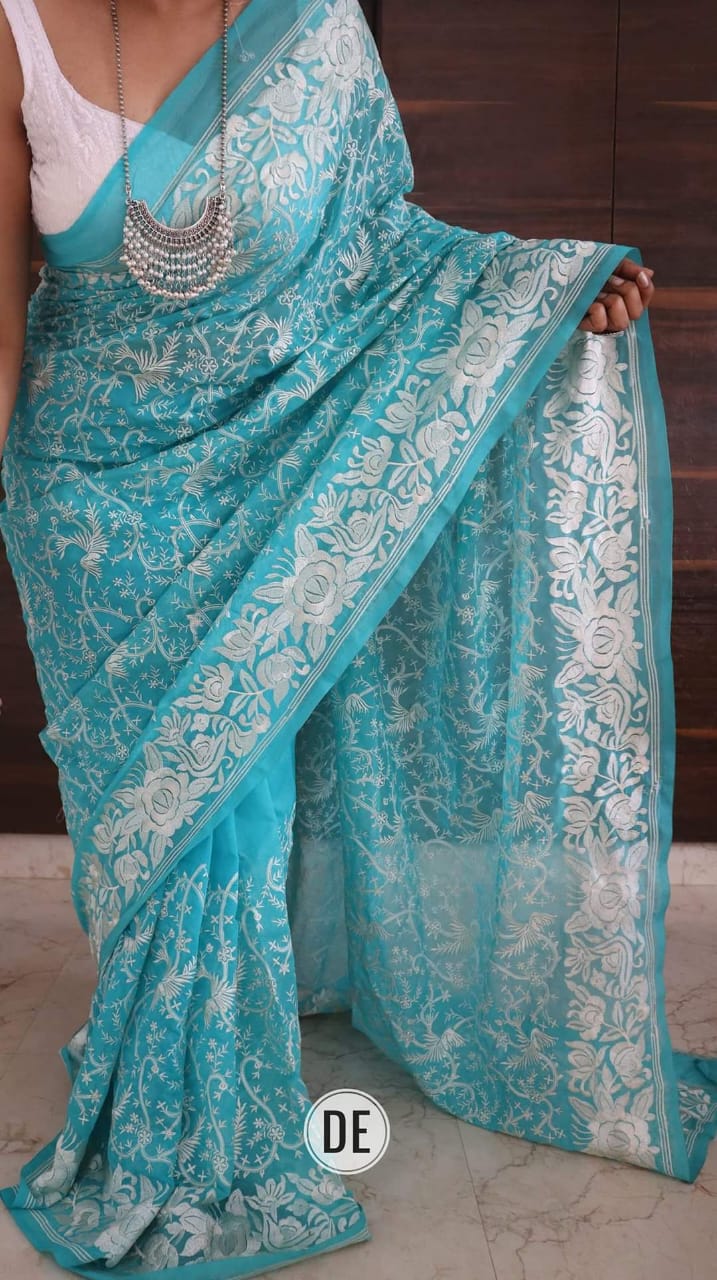 Kota Embroidery Sky Blue Silk Saree