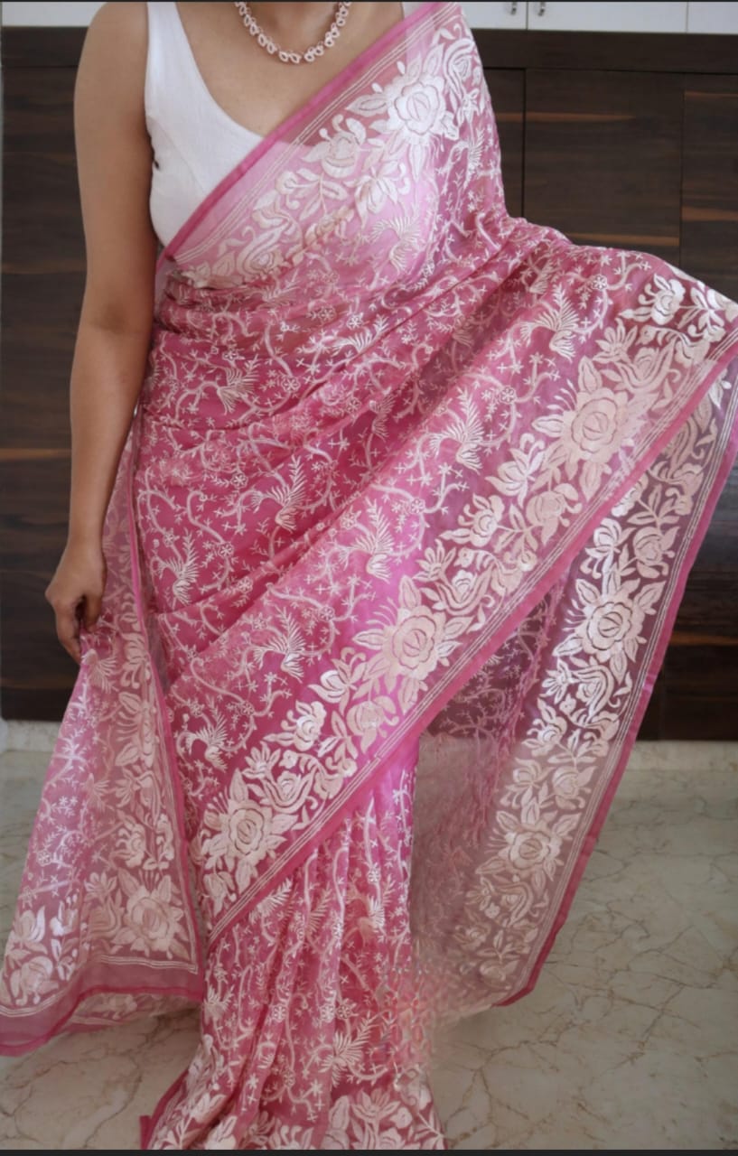 Embroidery Pink Silk Saree