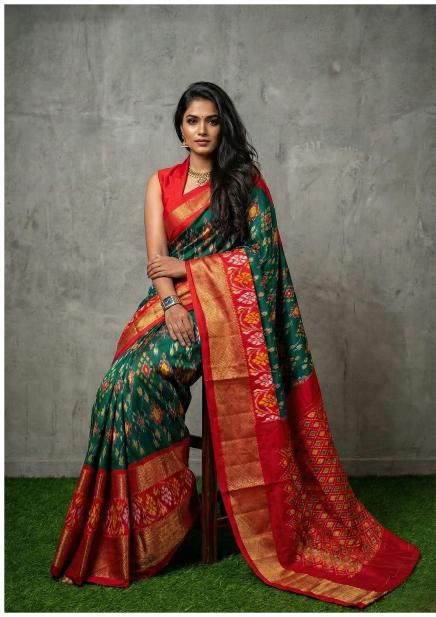 Double Weaving Green Ikkat Silk Saree Pure Handloom | My Indian Vogue