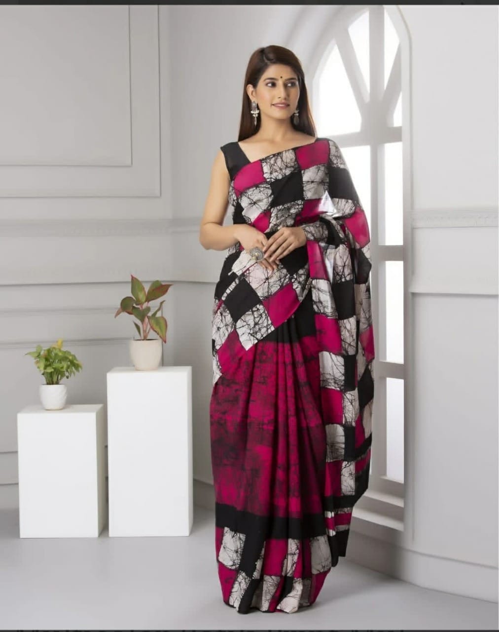geometric red saree cotton ethnic wear