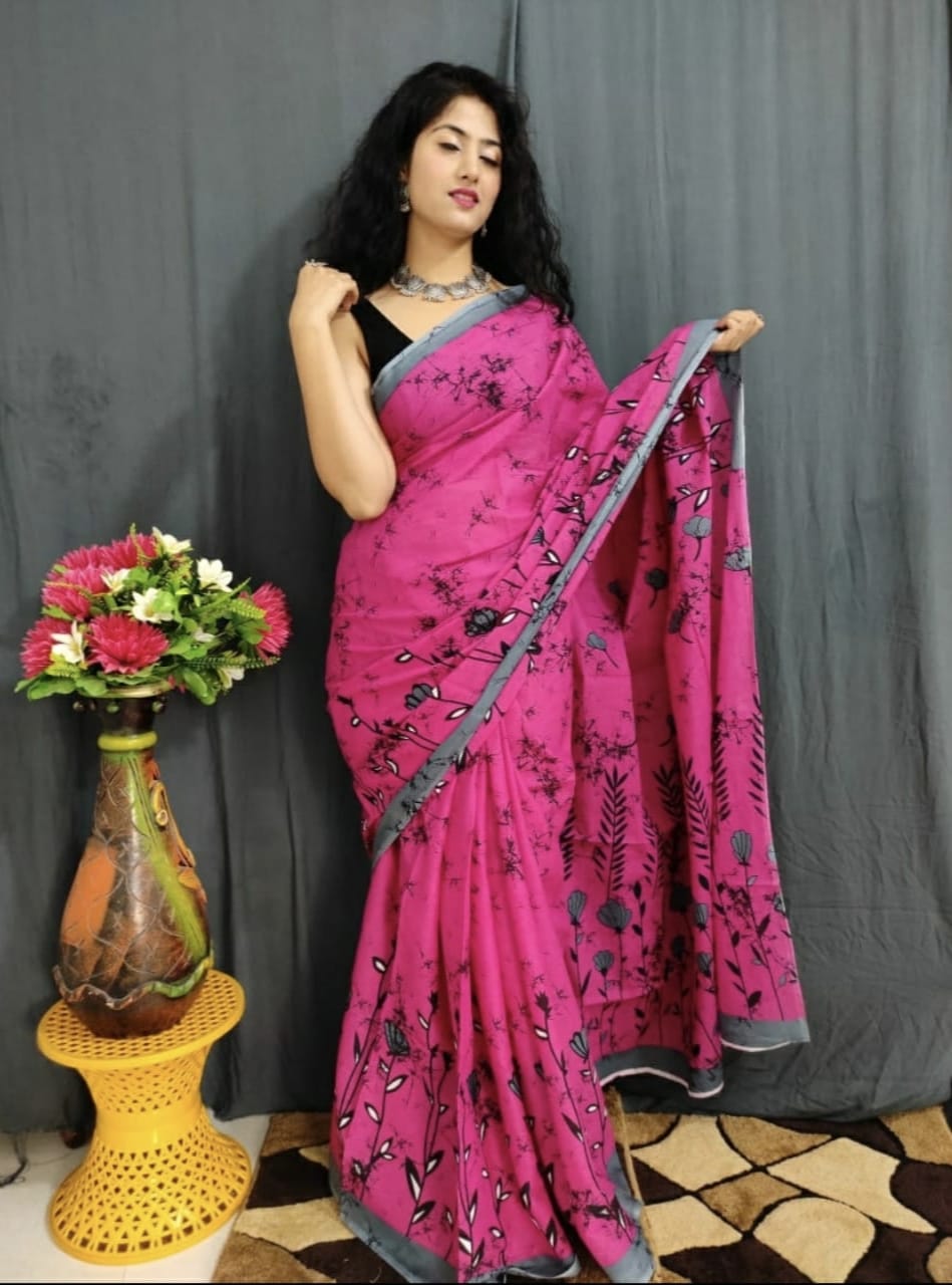 floral pink saree cotton ethnic wear