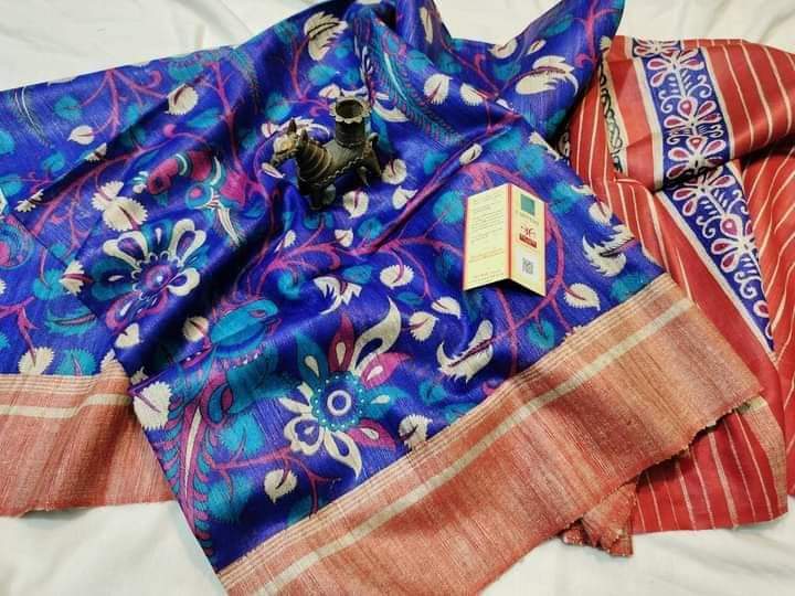 Tussar Ghicha Blue Silk Saree