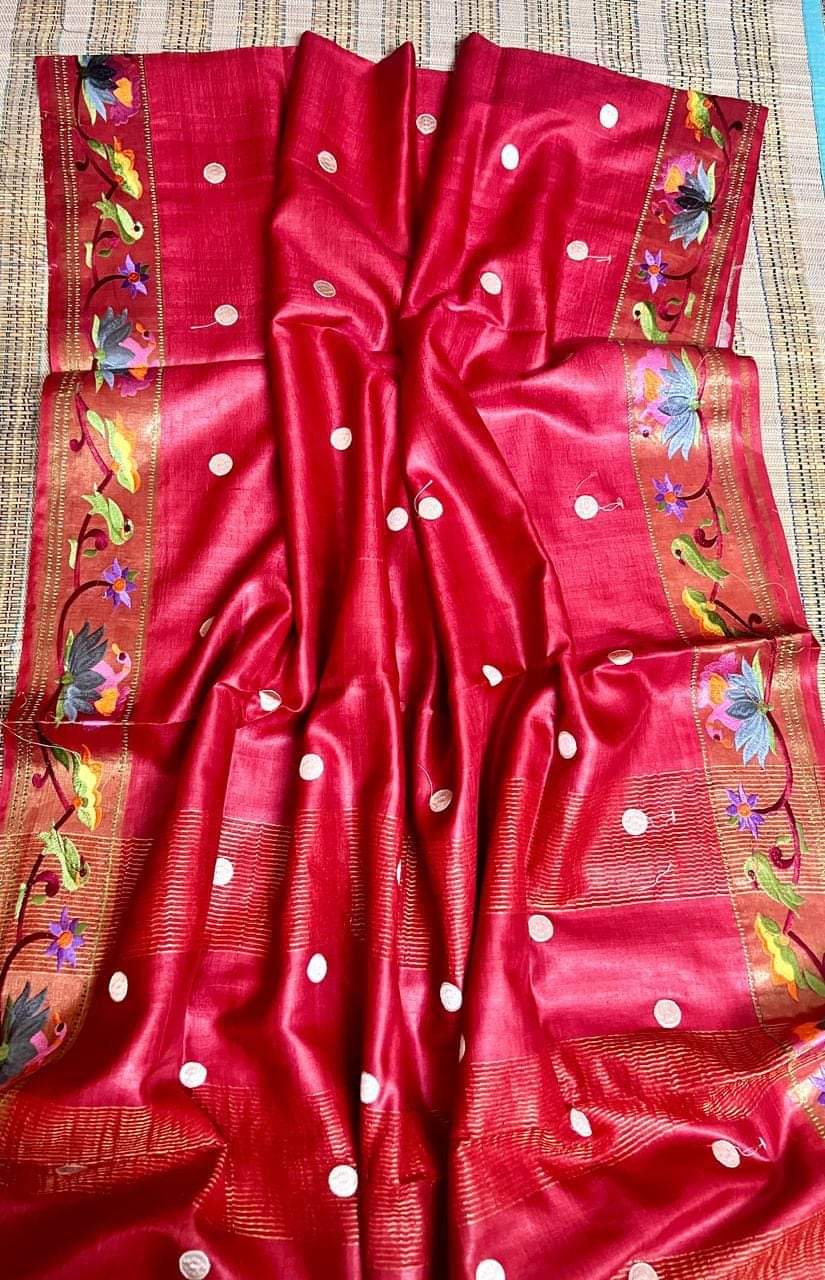 Buy Pure Tussar by Tussar Silk Saree with Embroidery | Silk Mark Certified