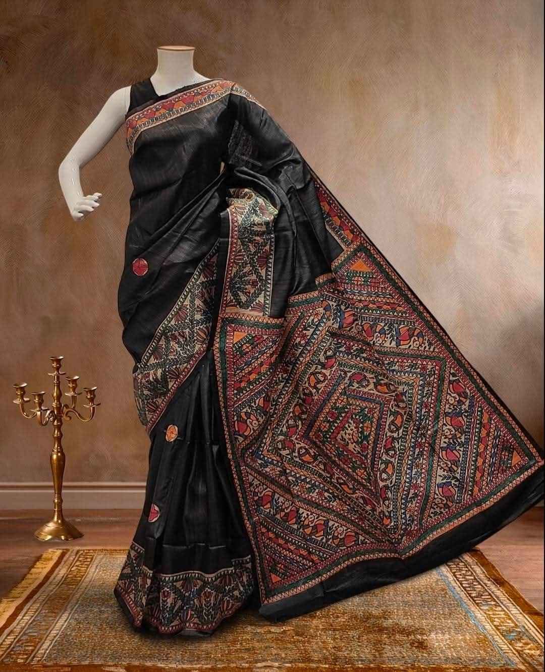 Black Handloom Tussar Ghicha Madhubani Silk Saree 