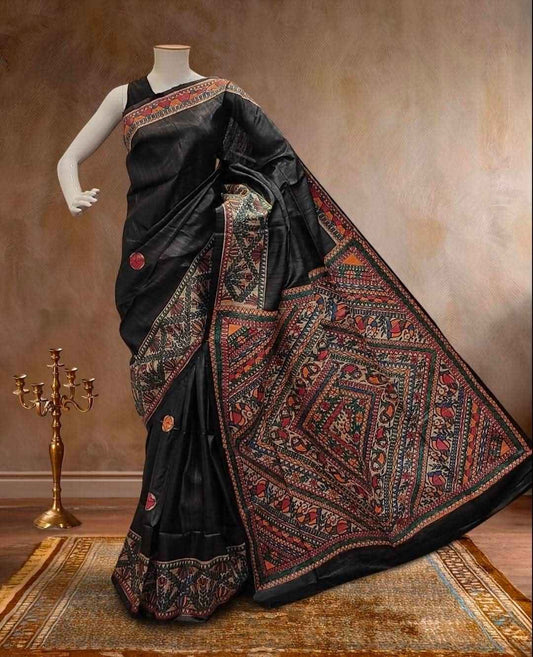Black Handloom Tussar Ghicha Madhubani Silk Saree 