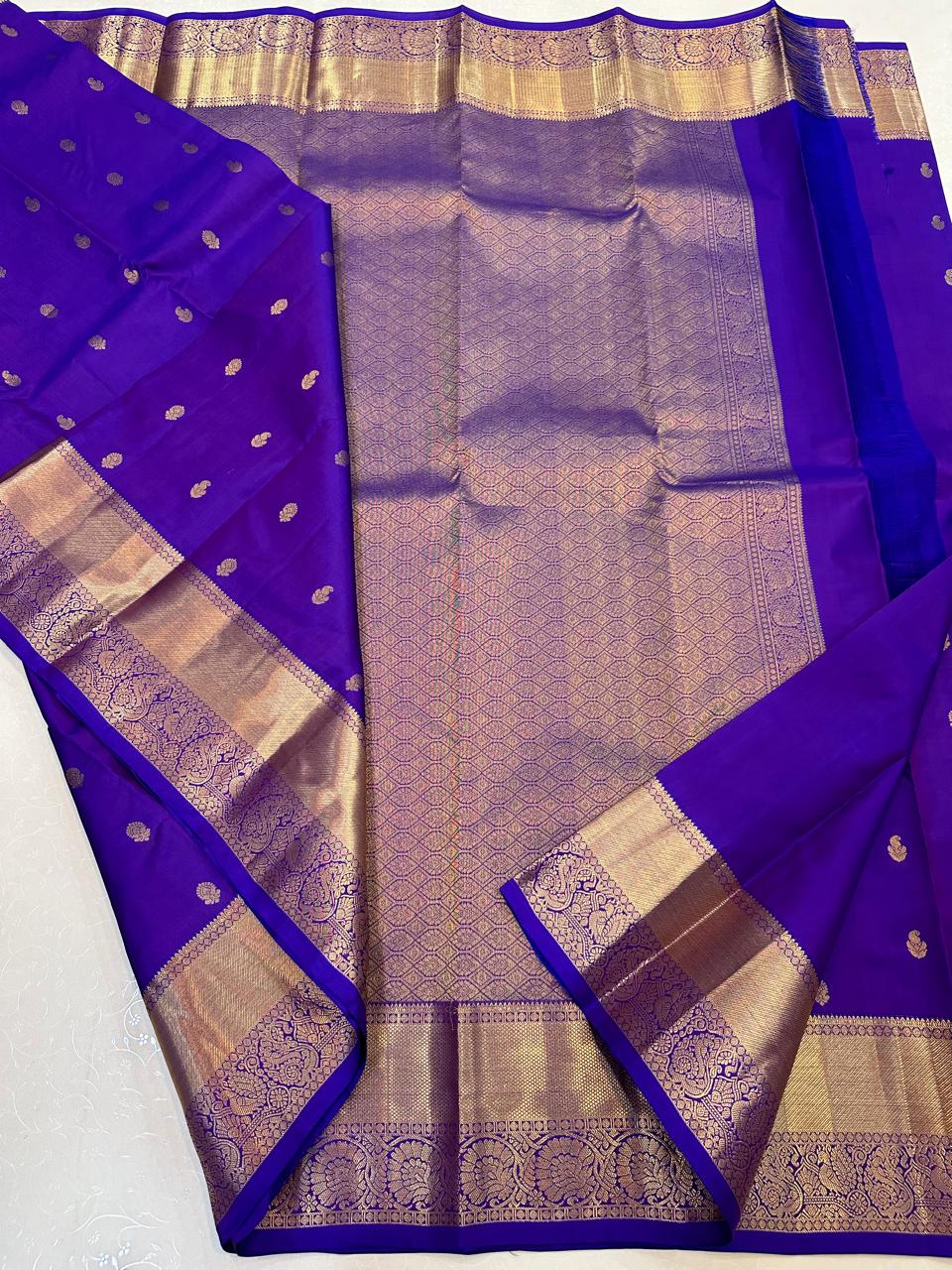 Blue Pure Kanchipuram Silk Saree with All-Over Motifs – SilkMark Certified | Handloom Double Warp Weave