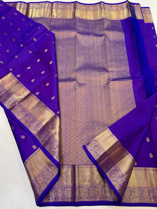Blue Pure Kanchipuram Silk Saree with All-Over Motifs – SilkMark Certified | Handloom Double Warp Weave