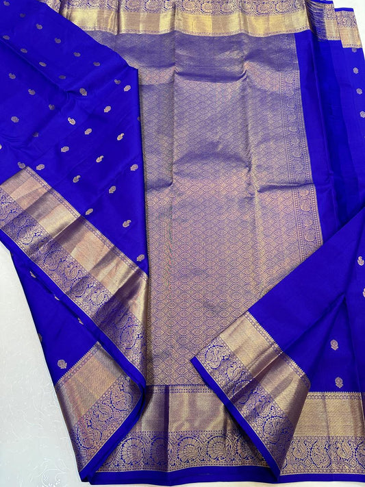 Blue Pure Kanchipuram Silk Saree with All-Over Motifs – SilkMark Certified | Handloom Double Warp Weave