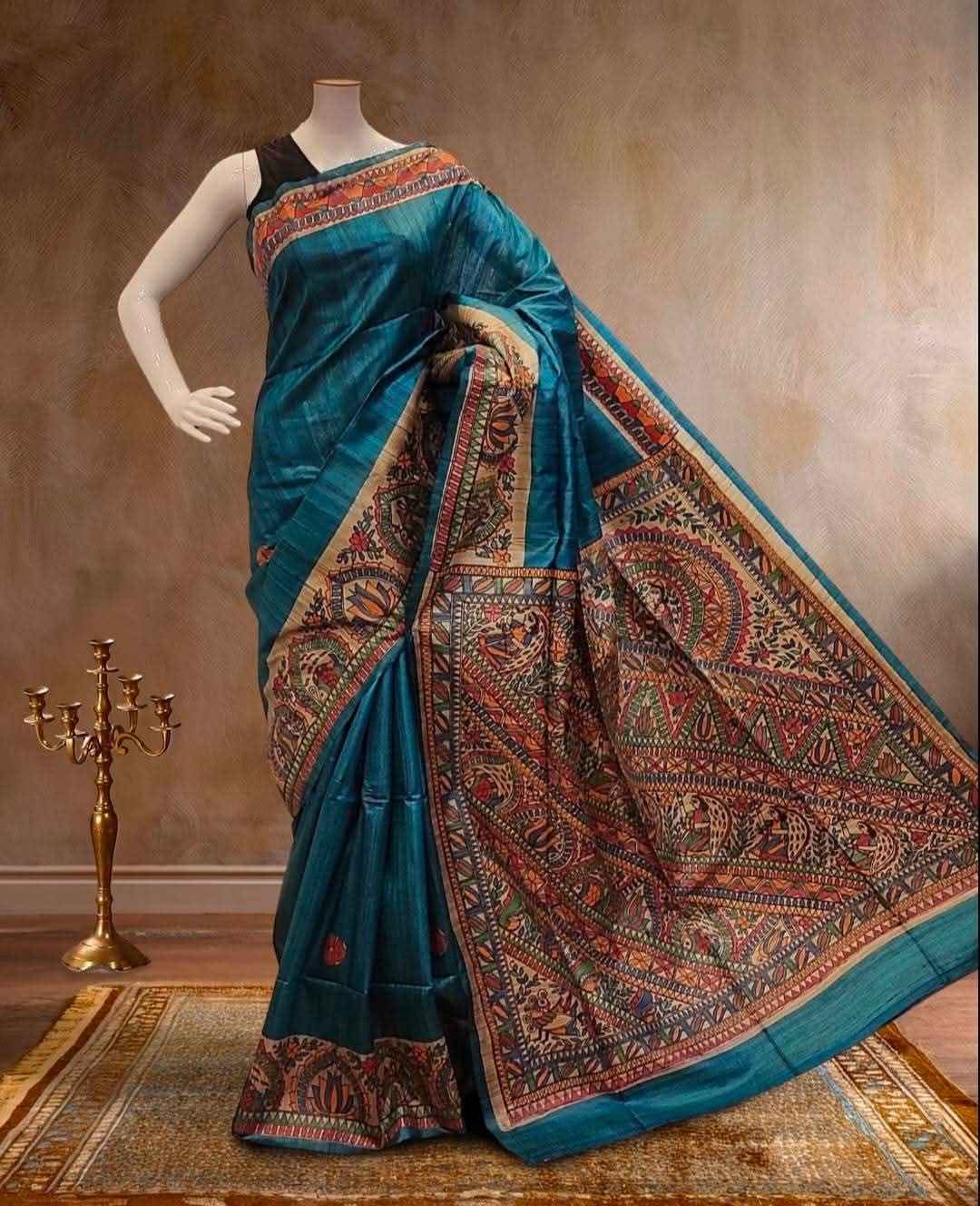 Blue Tussar Ghicha Madhubani Handloom Silk Saree  