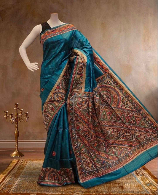 Blue Tussar Ghicha Madhubani Handloom Silk Saree  