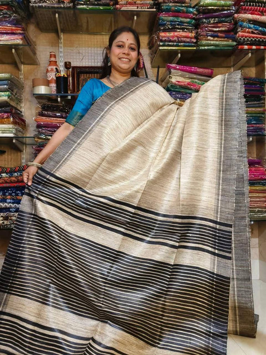 Off White Tussar by Ghicha Silk Saree – Handcrafted Luxury at Its Finest