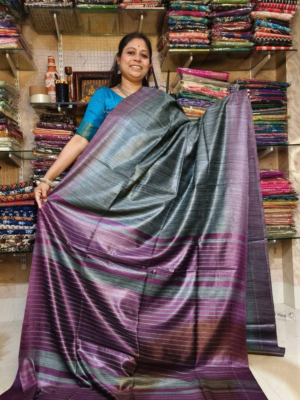 grey tussar by ghicha silk saree