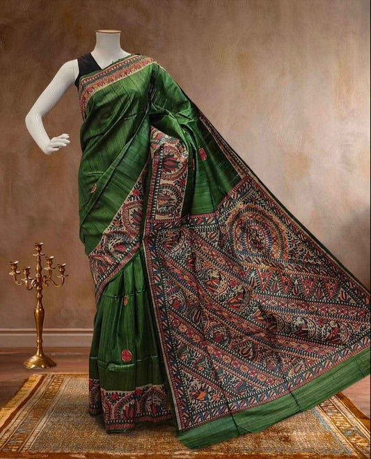 Green Tussar Ghicha Madhubani Handloom  Silk Saree