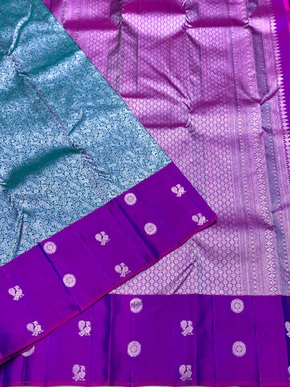 Pure Blue Kancheepuram Handwoven Silk Saree – 2G Zari | Double Warp | Silk Mark Certified