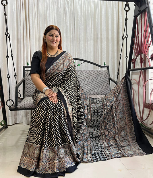 Exclusivity redefined- Modal Silk Sarees with Ajrak Hand Block Prints with Natural Colours