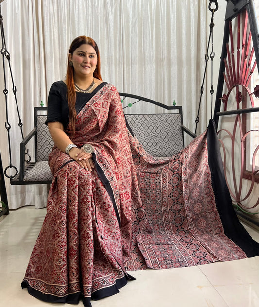 Contemporary elegance meets timeless craft- Modal Silk Sarees with Ajrak Hand Block Prints with Natural Colours