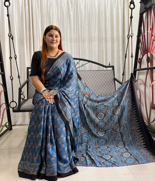 Where tradition meets luxury-Modal Silk Sarees with Ajrak Hand Block Prints with Natural Colours