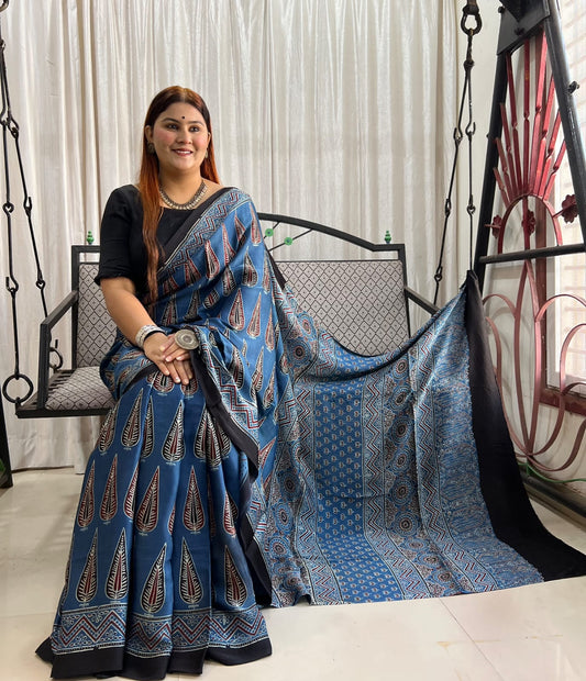 Mother Earth's palette on silk-  Modal Silk Sarees with Ajrak Hand Block Prints with Natural Colours