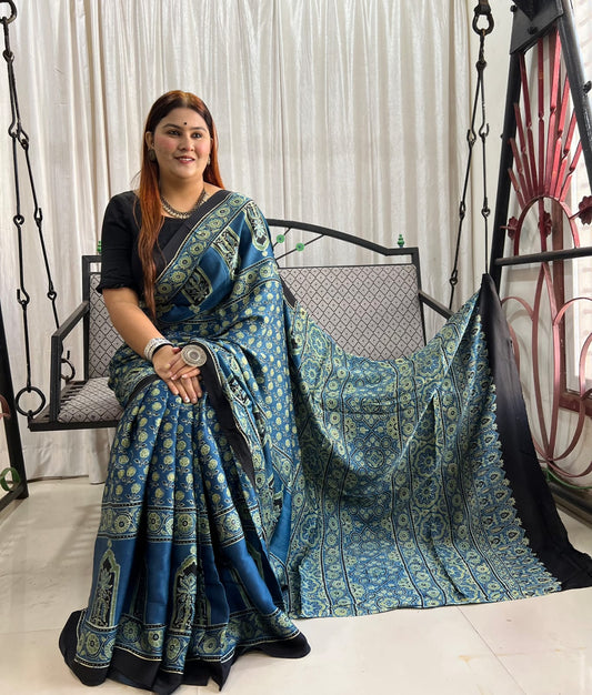 Every block print tells a story- Modal Silk Sarees with Ajrak Hand Block Prints with Natural Colours