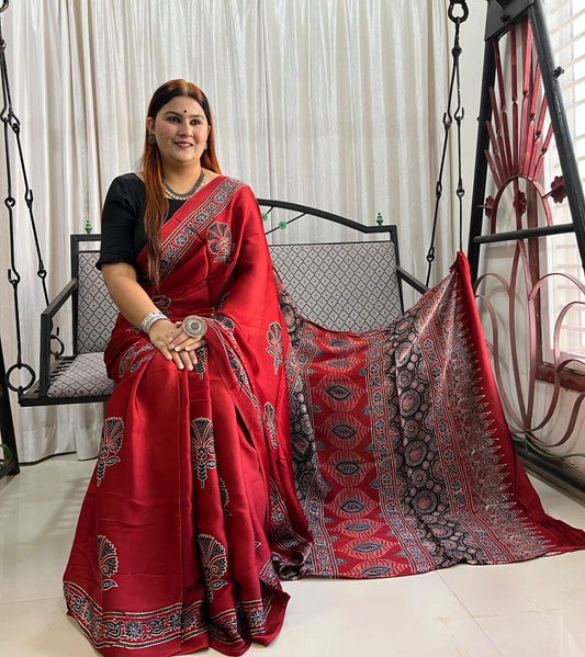 Exclusivity redefined- Modal Silk Sarees with Ajrak Hand Block Prints with Natural Colours