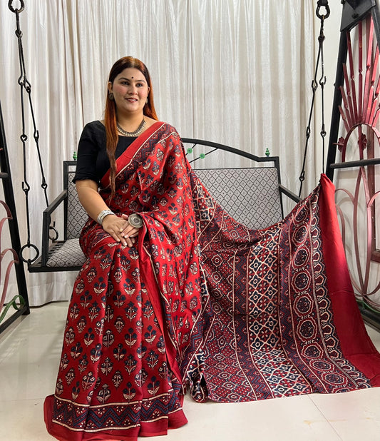 Every block print tells a story- Modal Silk Sarees with Ajrak Hand Block Prints with Natural Colours