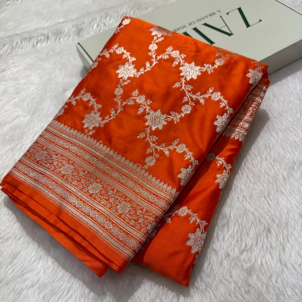 Orange Banarasi Mashru Silk Saree | My Indian Vogue
