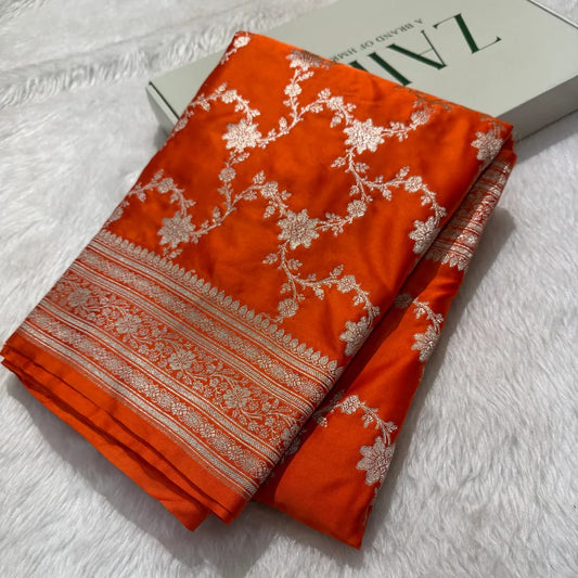 Orange Banarasi Mashru Silk Saree | My Indian Vogue