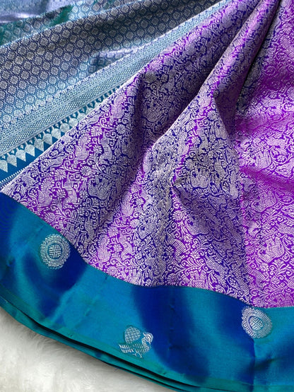 Purple Pure Kancheepuram Handwoven Silk Saree – 2G Zari | Double Warp | Silk Mark Certified