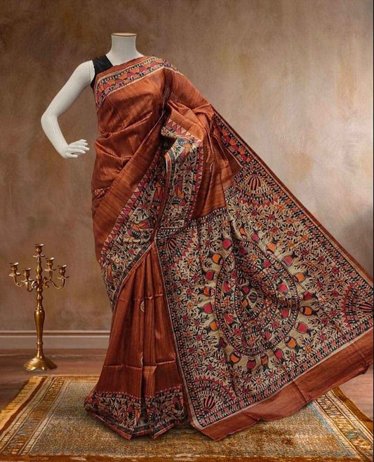 Brown Tussar Ghicha Silk Saree