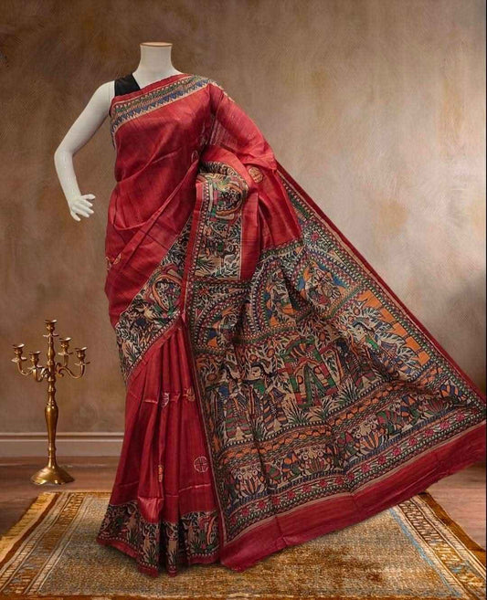 Red Tussar Madhubani Painting  Saree