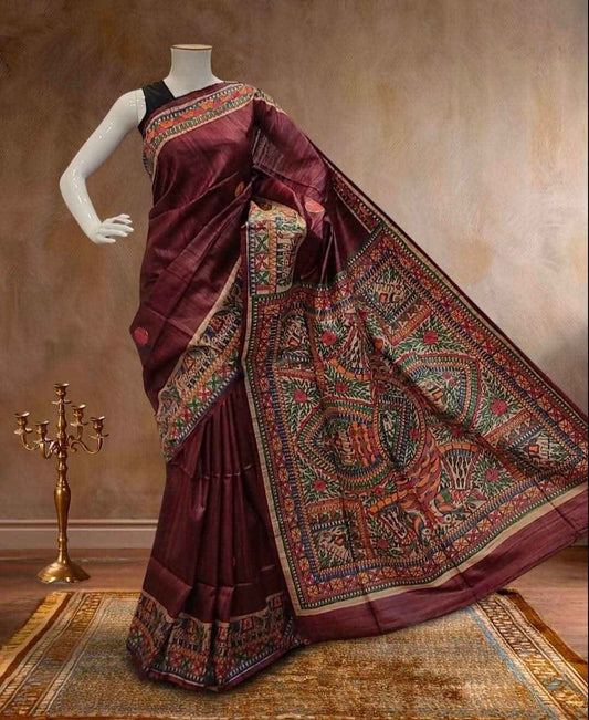 Madhubani Hand Painted Tussar Ghicha Silk Saree 