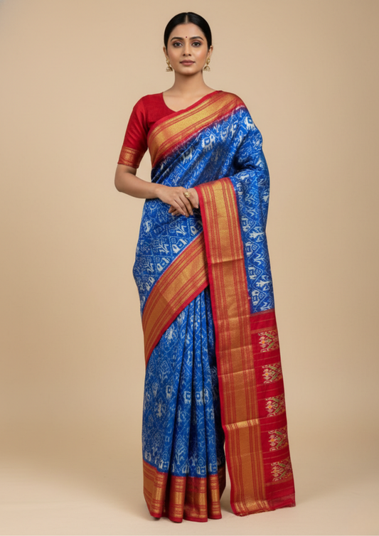 Blue Ikkat Silk Saree | Double Weaving | Silk Marked