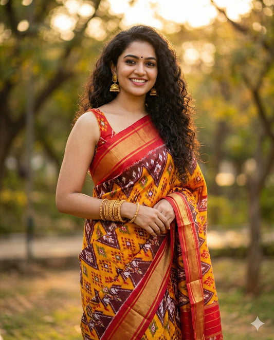 Exclusive Handwoven Ikkat Silk Saree – Double Weave | Silk Mark Certified