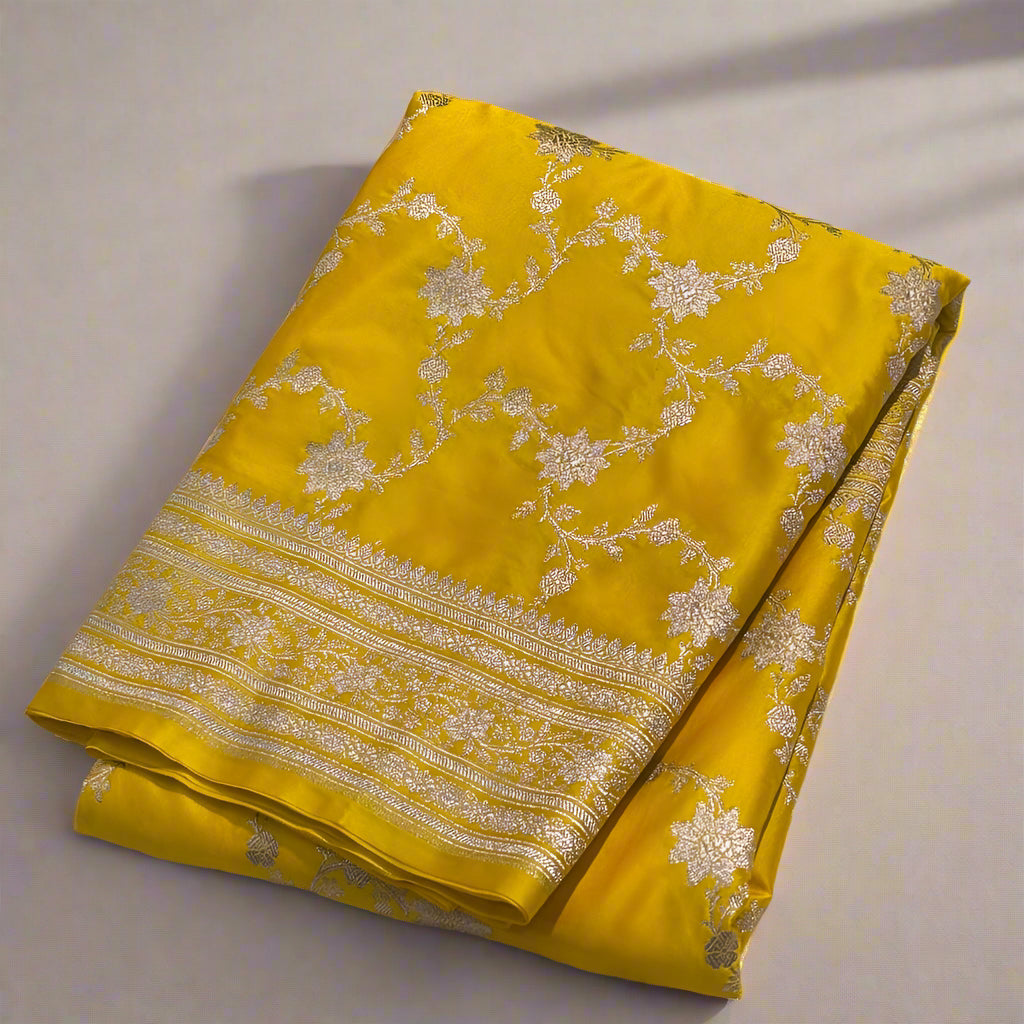 Yellow Banarasi mashru silk saree