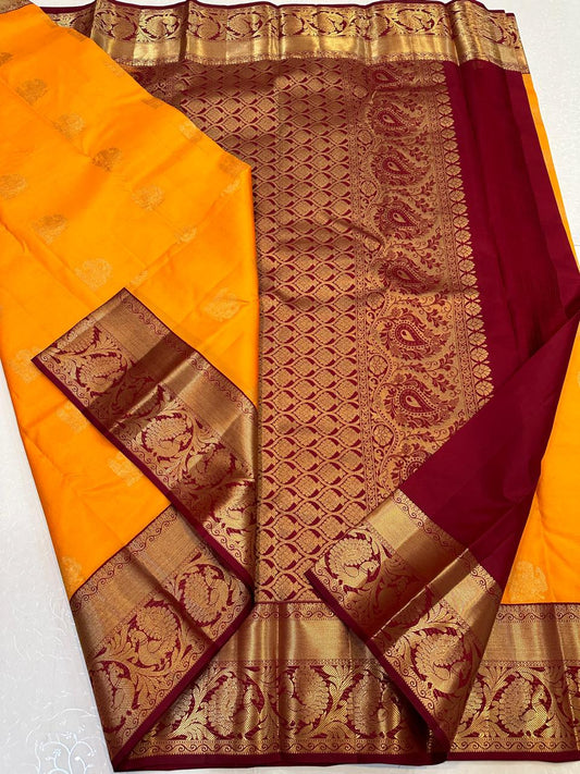 Pure Yellow Kanchipuram Silk Saree with All-Over Motifs – SilkMark Certified | Handloom Double Warp Weave