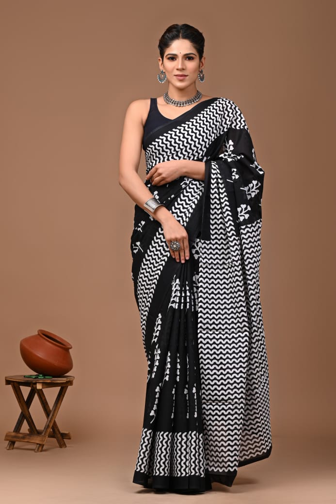Elegant Black MulMul Cotton Saree