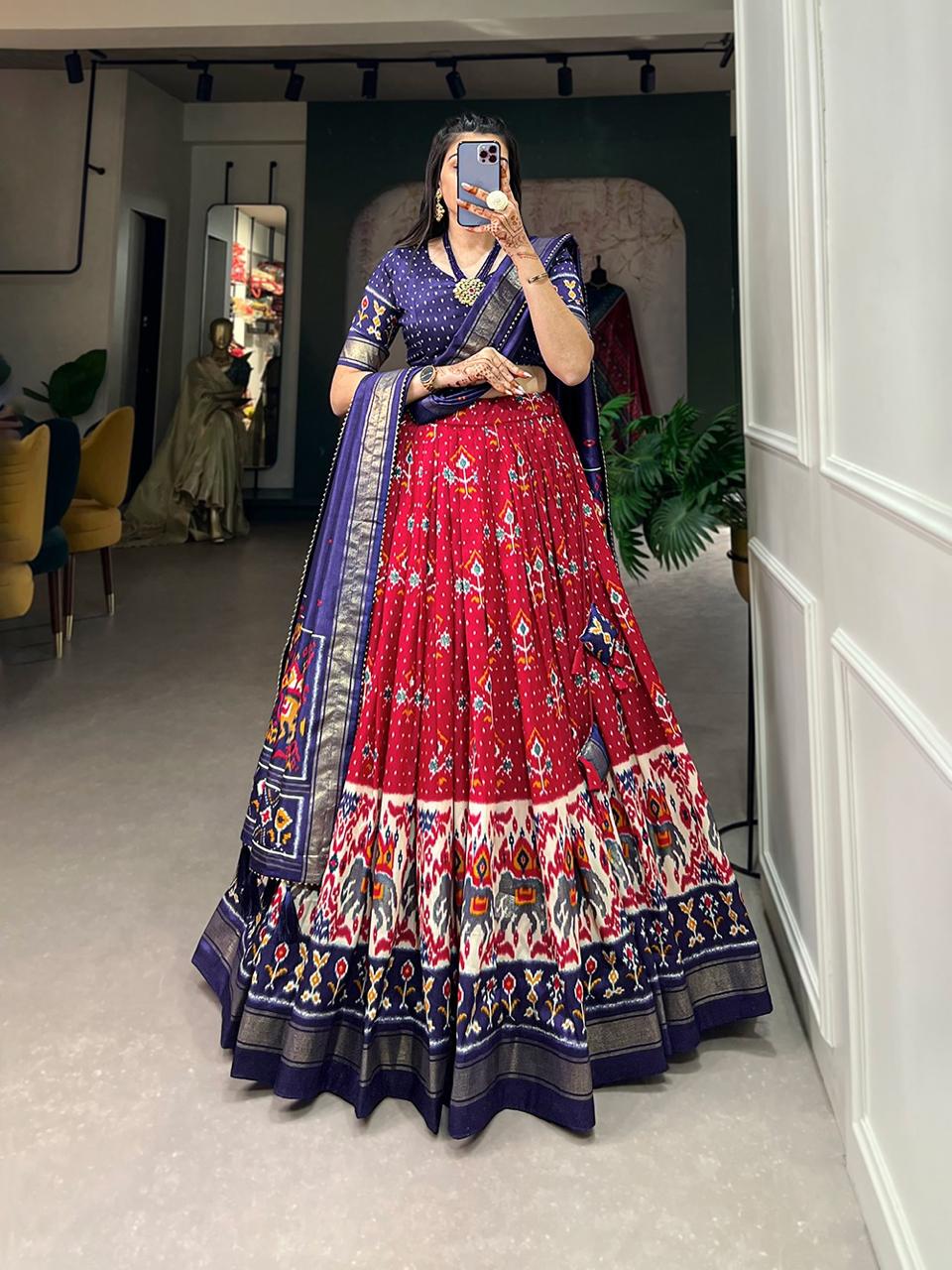 floral red blue Dola Silk Chaniya Choli