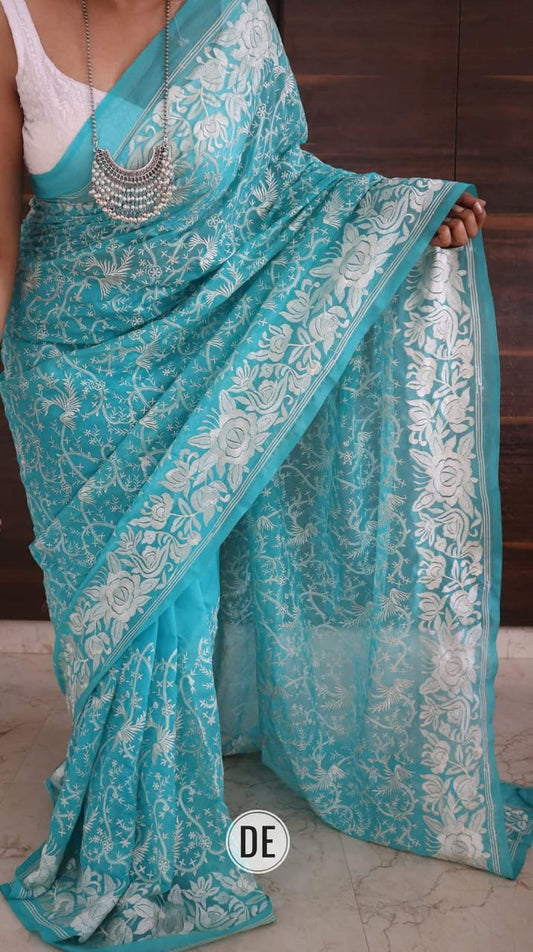 Kota Embroidery Sky Blue Silk Saree