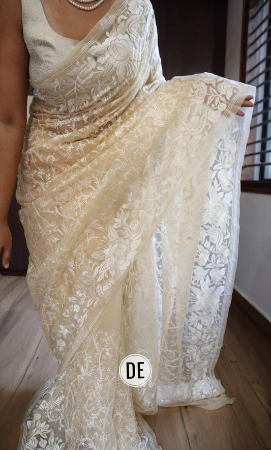 Embroidered  Cream Silk Saree