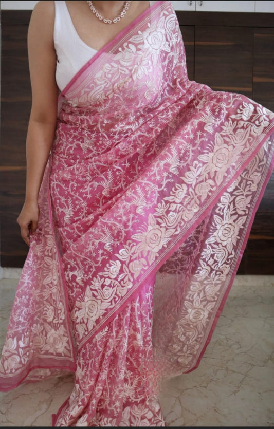 Embroidery Pink Silk Saree 