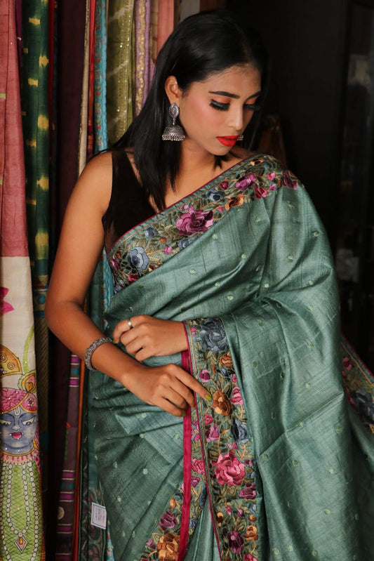 floral gray saree silk ethnic wear