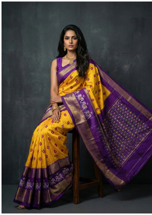 Double Weave Heritage Yellow Ikkat Silk Saree | My Indian Vogue