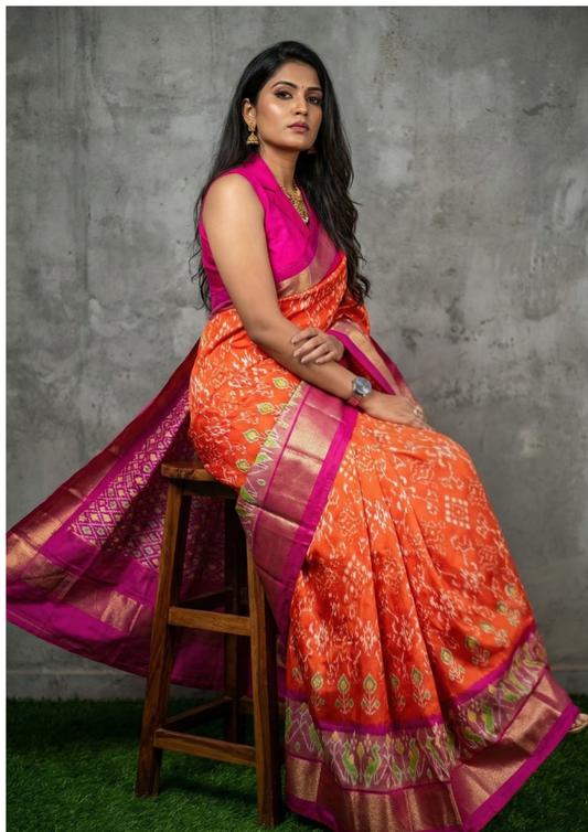 Latest & Exclusive Woven Orange Ikkat Silk Saree | My Indian Vogue