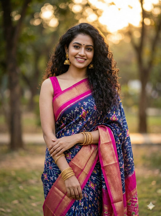 Premium Authentic Blue Ikkat Silk Sarees | My Indian Vogue